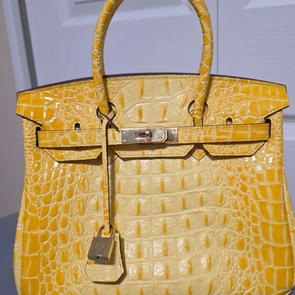 Yellow Crocodile Embossed Leather Handbag